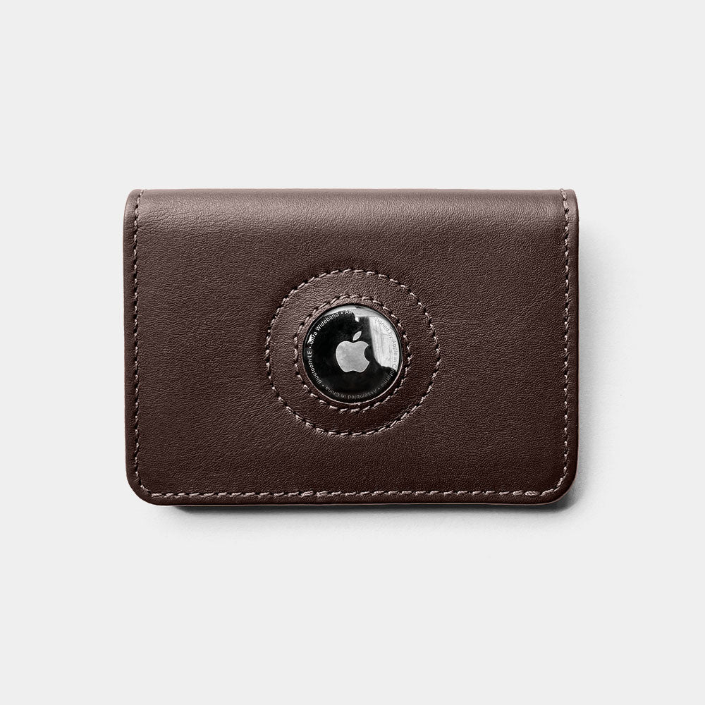 Nordweg Marco leather AirTag wallet cardholder in coffee, front view with round AirTag holder