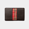 Open coffee Nordweg Marco leather AirTag wallet showing plaid interior and card slots