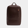 Nordweg Nomad leather laptop backpack in coffee, front view with vertical zip pocket