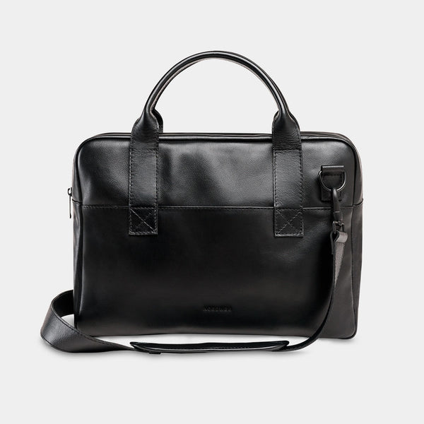 Nordweg Nomad leather briefcase laptop work bag in black, front view with handles and shoulder strap
