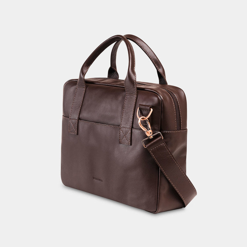 Nordweg Nomad leather briefcase laptop work bag in coffee, angled back view