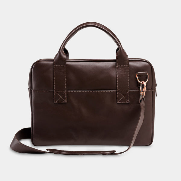 Nordweg Nomad leather briefcase laptop work bag in coffee, front view with handles and shoulder strap