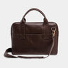 Nordweg Nomad leather briefcase laptop work bag in coffee, front view with handles and shoulder strap