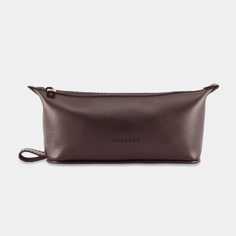 Nordweg Nomad leather dopp kit travel toiletry bag in coffee, front view with side loop