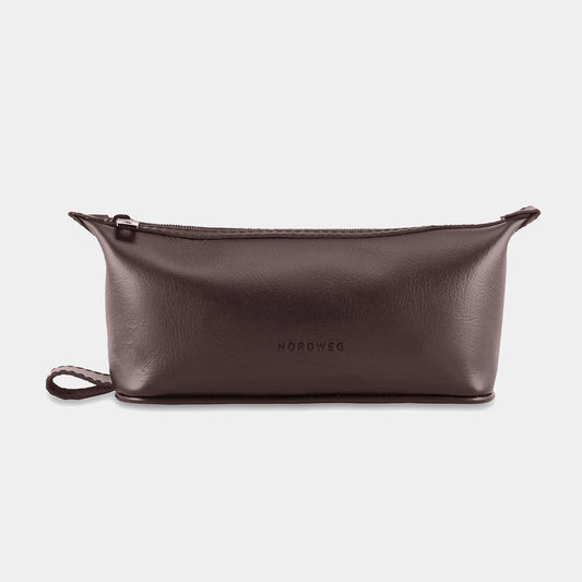 Nordweg Nomad leather dopp kit travel toiletry bag in coffee, front view with side loop