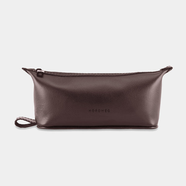 Nordweg Nomad leather dopp kit travel toiletry bag in coffee, front view with side loop
