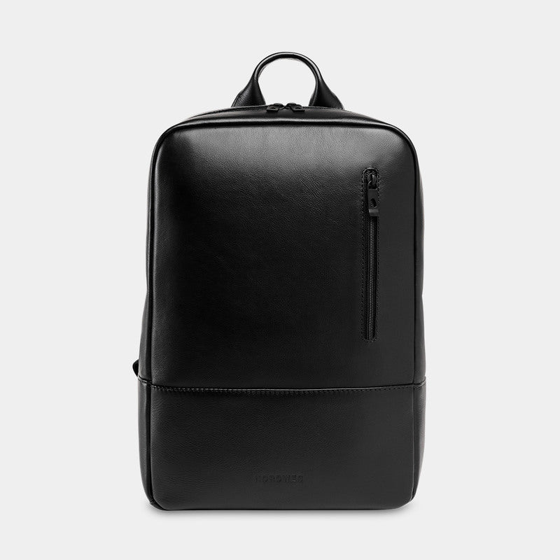 Nomad leather laptop backpack in black, front view