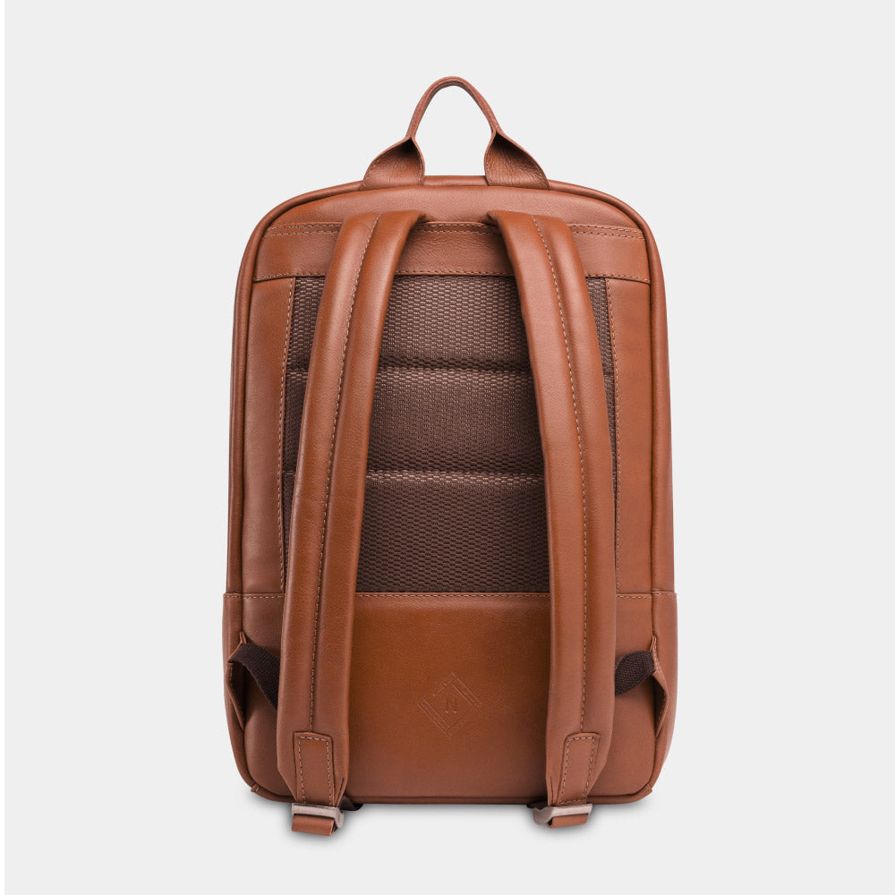 Nordweg Nomad leather laptop backpack in caramel, back view with padded shoulder straps