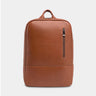 Nordweg Nomad leather laptop backpack in caramel, front view with vertical zip pocket