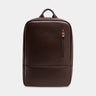 Nordweg Nomad leather laptop backpack in coffee, front view with vertical zip pocket