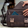 Nordweg NW105 Dolomites leather satchel in Coffee, back pocket with passport and zipper detail