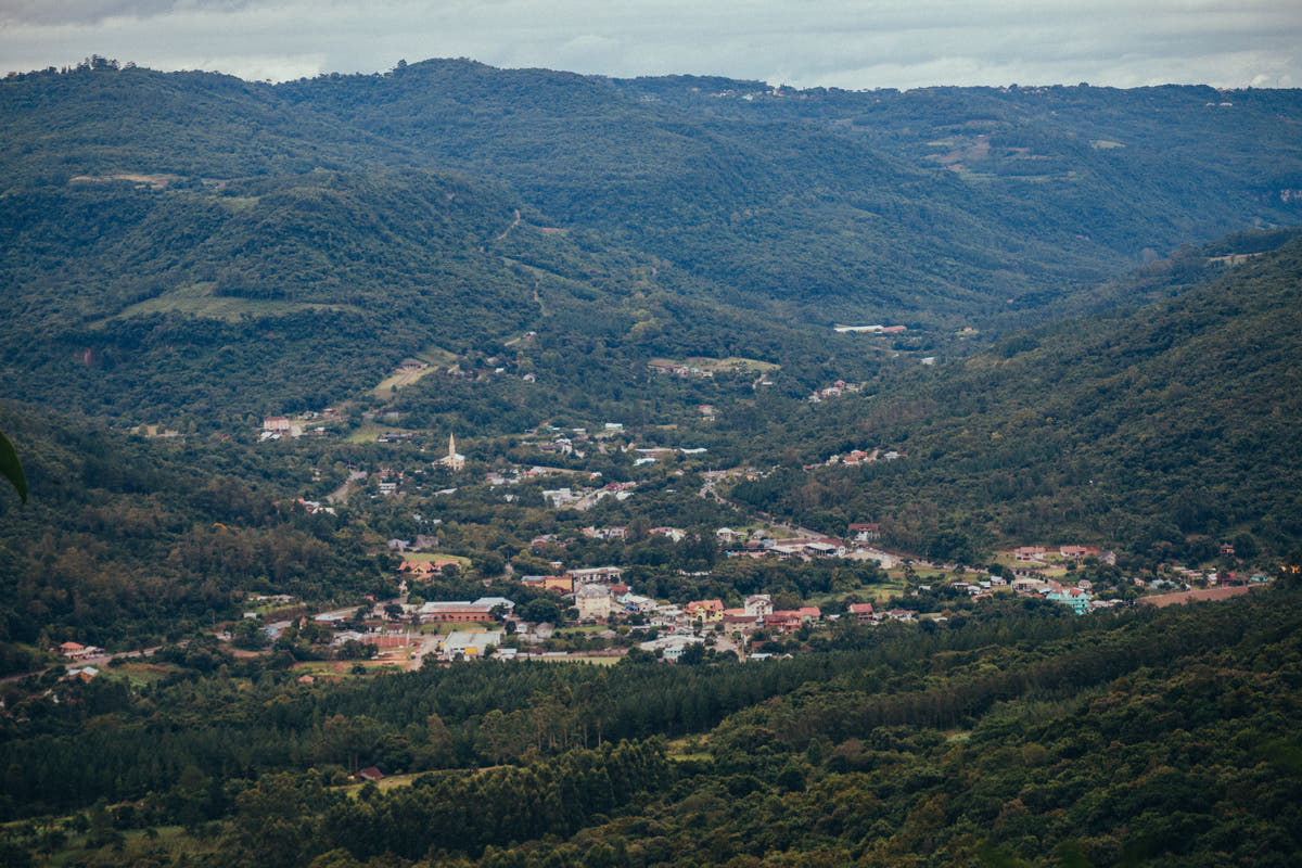 Picada Café town and surrounding green hills in Southern Brazil