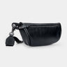 Nordweg Pulse leather sling crossbody bag in black, angled front view with strap and key tag