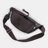 Coffee Pulse leather sling bag angled back view with strap and key detail