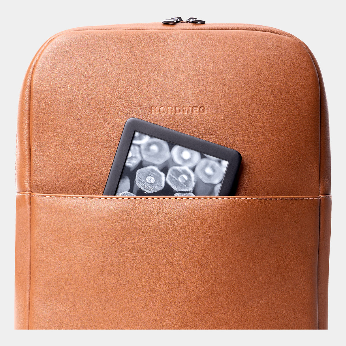 Caramel Slim Workplace backpack showing a tablet in the front pocket