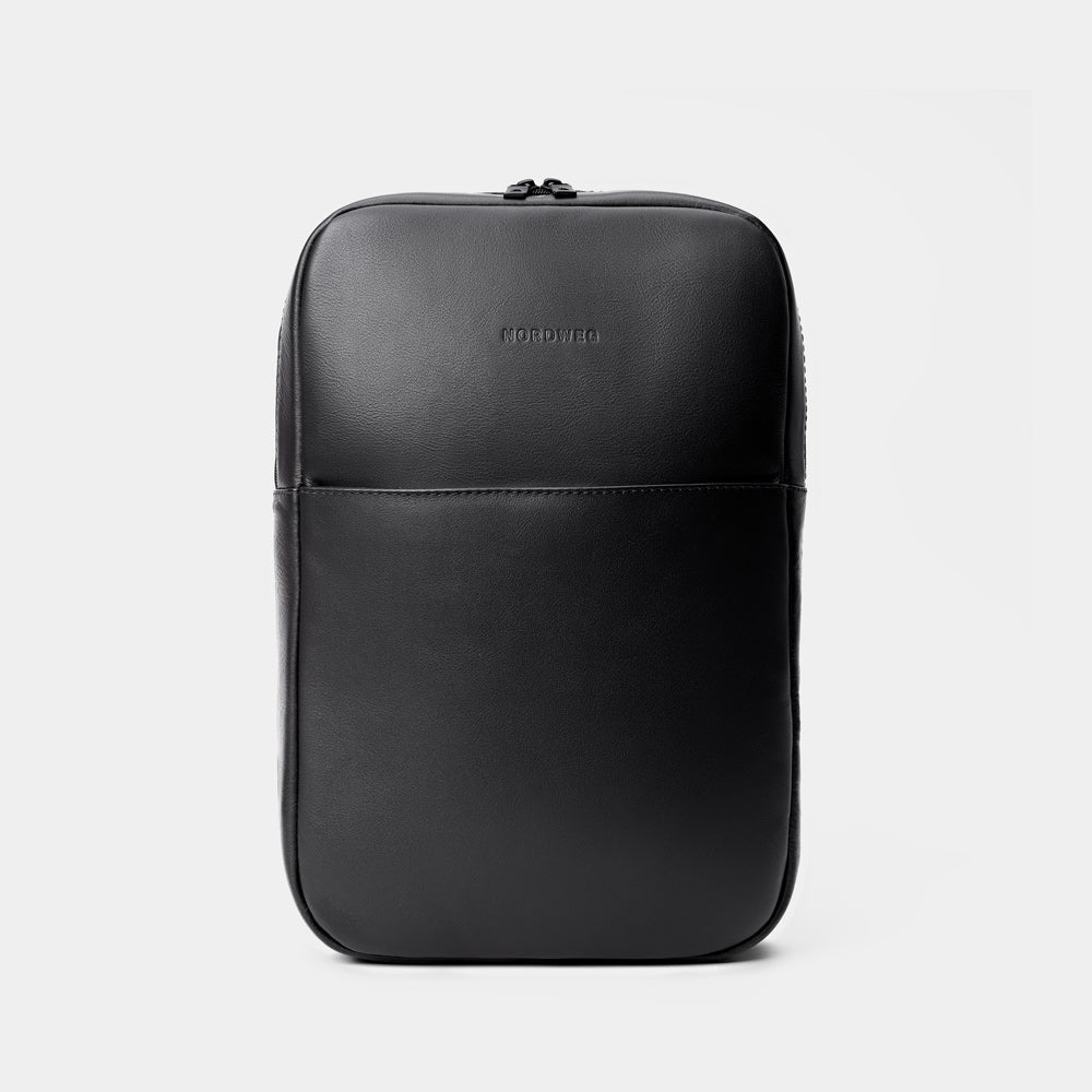 Nordweg Slim Workplace leather laptop backpack in black, straight front view