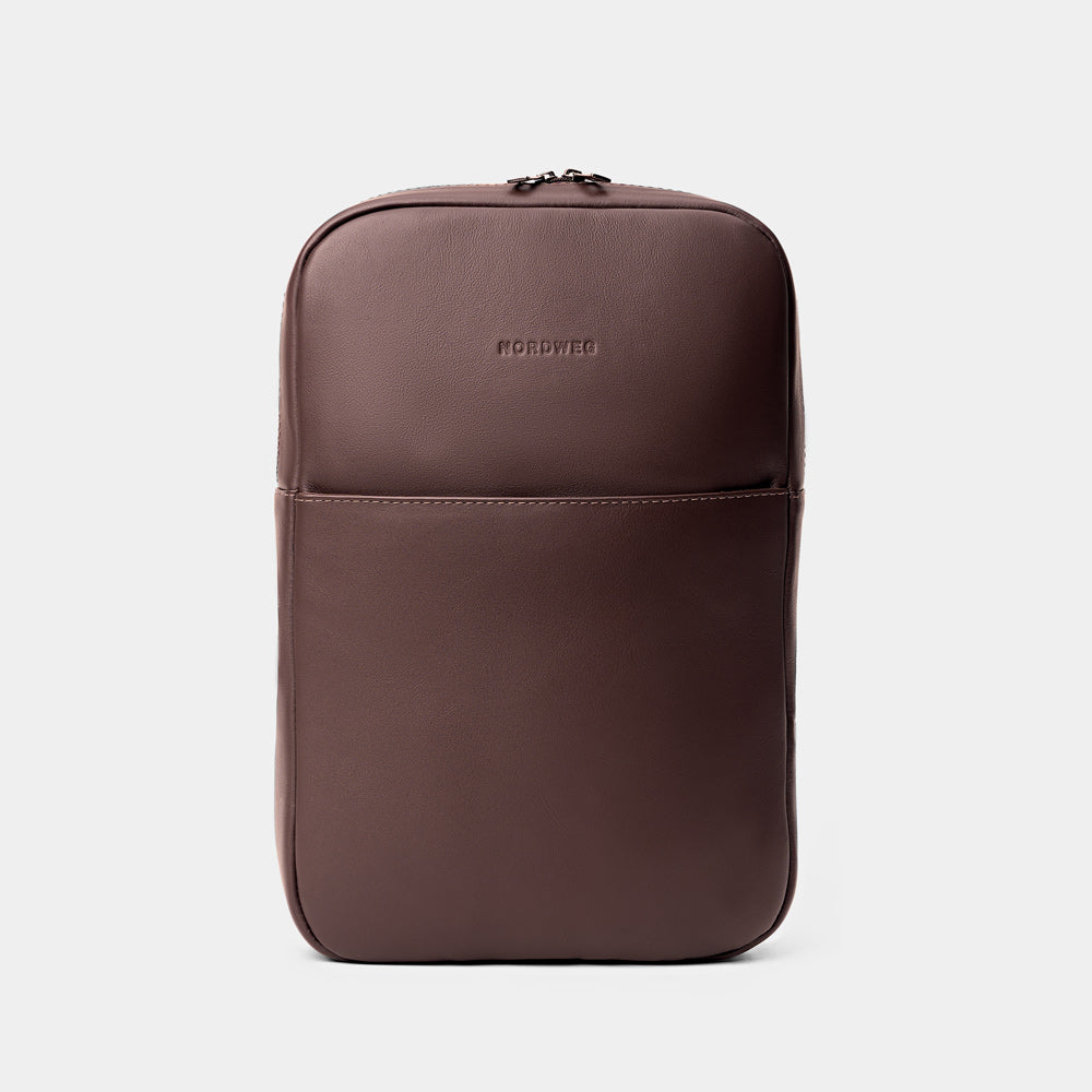 Nordweg Slim Workplace leather laptop backpack in coffee, straight front view