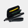 Open black Traveler Pro AirTag leather wallet showing card slots, cash, and zip pocket
