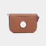 Nordweg Traveler Pro AirTag leather wallet in caramel, front view with round AirTag holder
