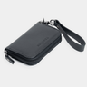 Black Nordweg Traveler Pro leather zip wallet, angled view with wrist strap