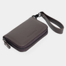 Coffee Nordweg Traveler Pro leather zip wallet, angled view with wrist strap