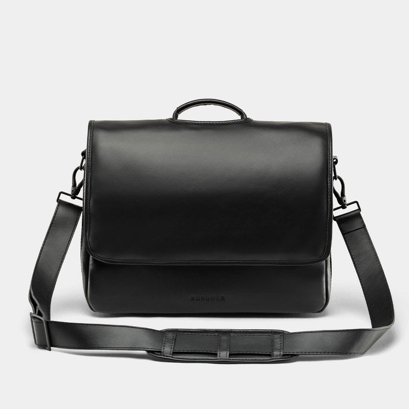 Workday leather briefcase in black, front view