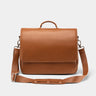 Nordweg Workday leather briefcase laptop work bag in caramel, front view with flap and shoulder strap