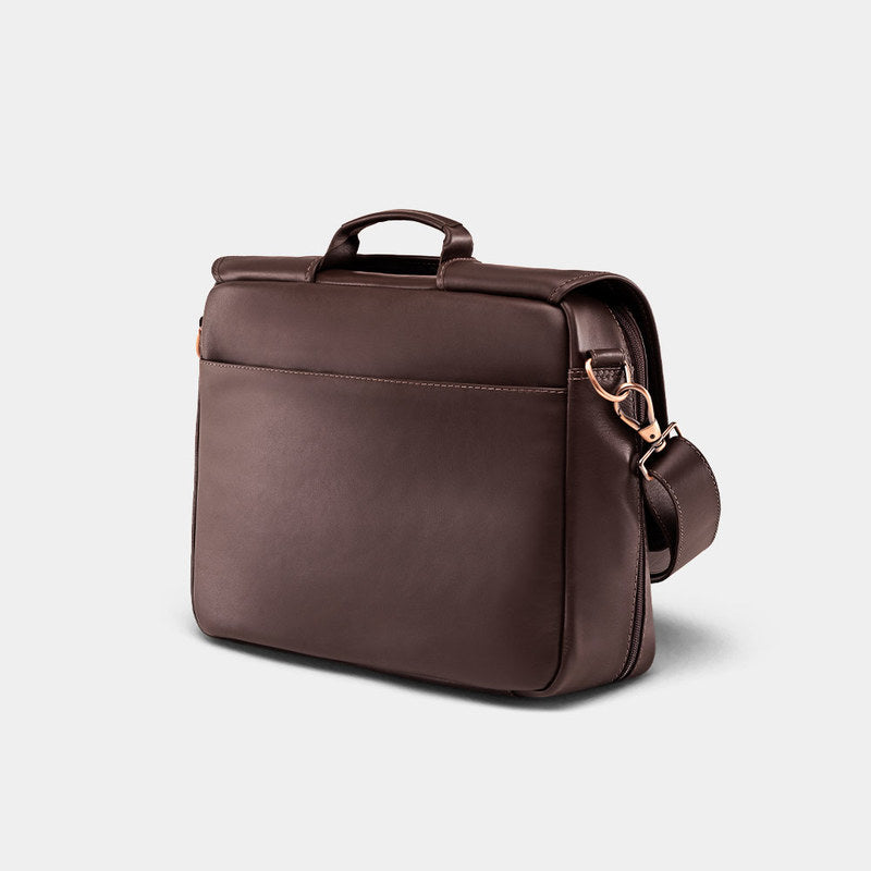 Nordweg Workday leather briefcase laptop work bag in coffee, back side view