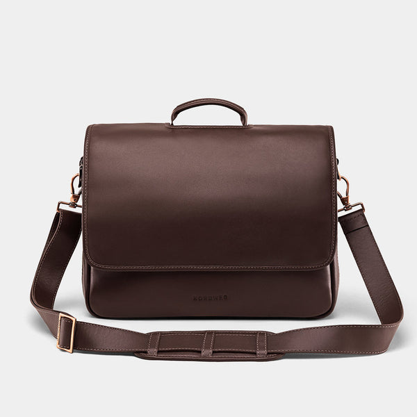 Nordweg Workday leather briefcase laptop work bag in coffee, front view with flap and shoulder strap