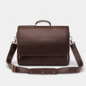 Nordweg Workday leather briefcase laptop work bag in coffee, front view with flap and shoulder strap