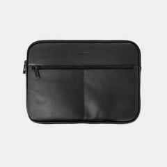 Nordweg Workplace leather laptop sleeve case in black, medium front view with zip pocket