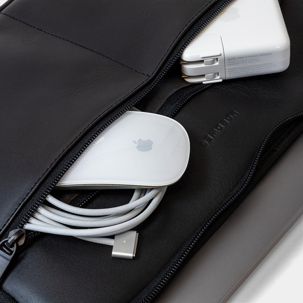 Black Workplace leather laptop sleeve case front pocket with charger and cable storage