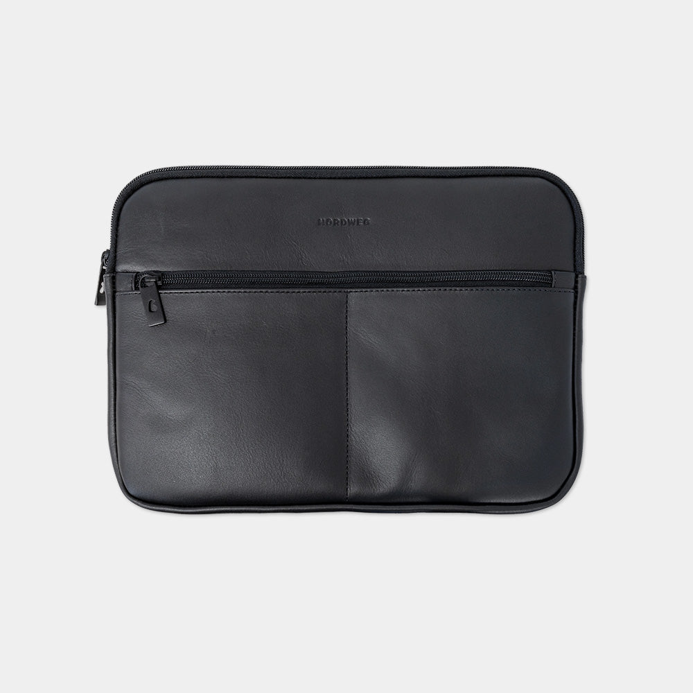 Workplace leather laptop sleeve in black, front view