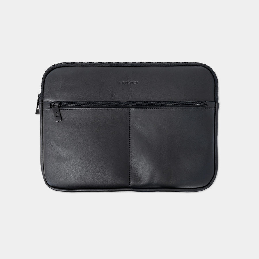 Nordweg Workplace leather laptop sleeve case in black, medium front view with zip pocket