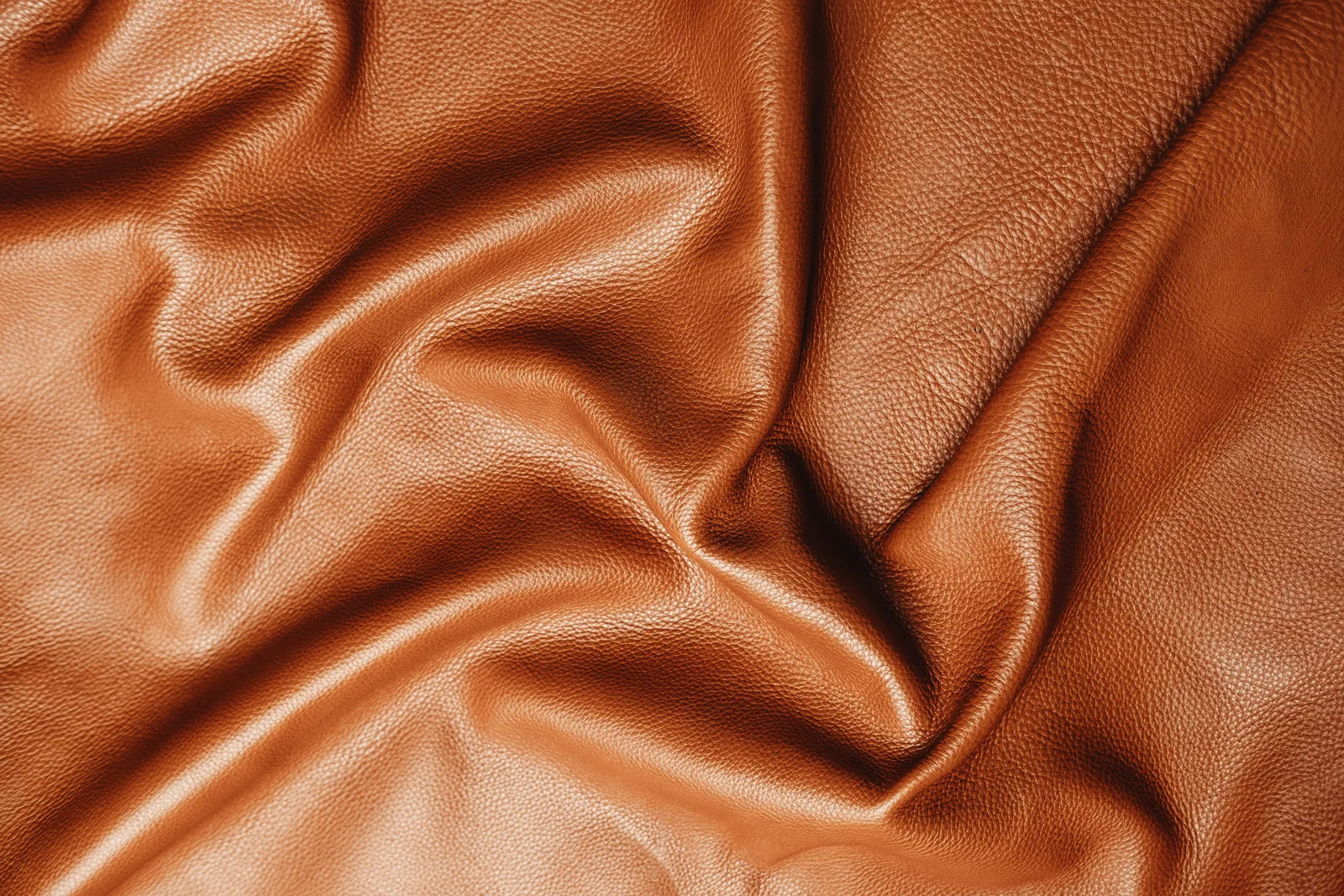 Folds and natural grain in a caramel leather hide