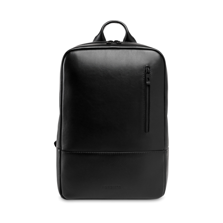 Nomad leather laptop backpack in black, front view