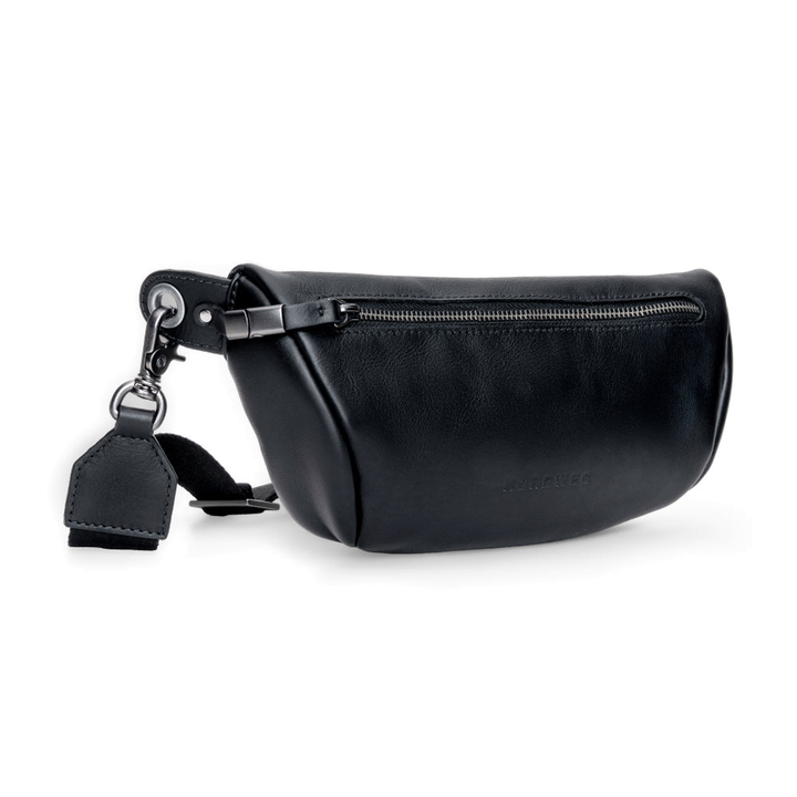 Pulse leather sling bag in black, angled front view